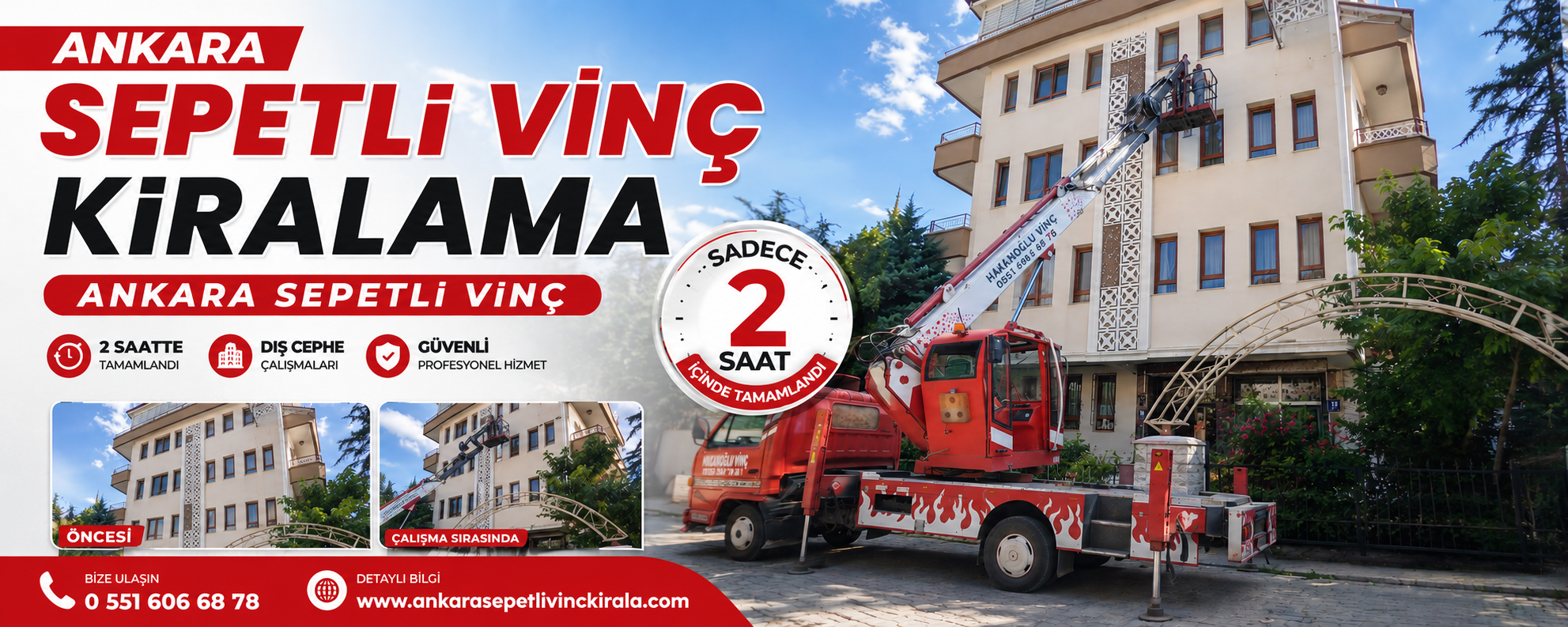 Keçiören Etlik dış cephe tamiratı — Ankara sepetli vinç kiralama saha çalışması