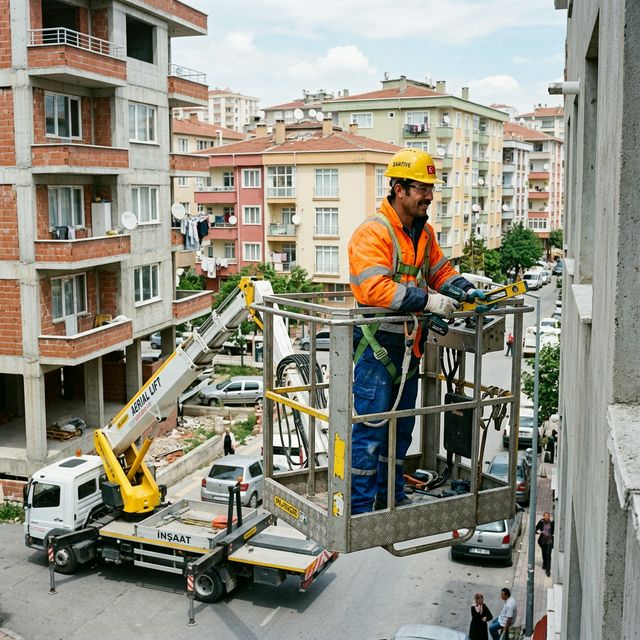 Sepet platformunda emniyet kemeri ve baretli erkek çalışan - ankara sepetli vinç kiralama iş güvenliği