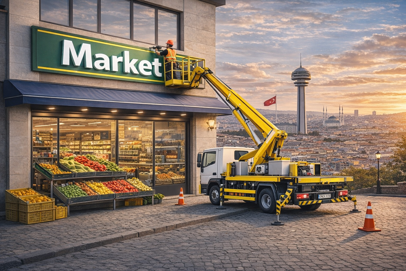 Ankara tabela montajı sepetli vinç kiralama hizmeti